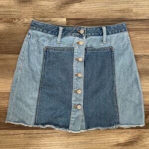 Madewell X ISKO Colorblock Button Front Raw hem Denim Skirt Size 29